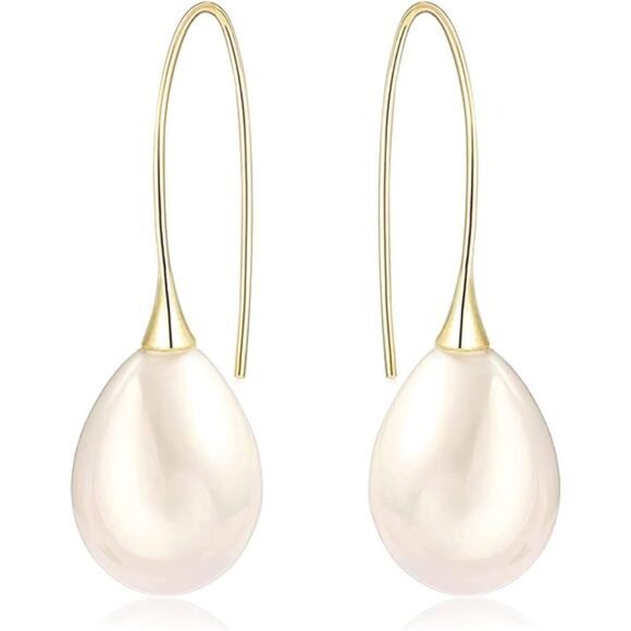 14k Gold Pearl Dangle Earrings – Minimalist Baroque Drop Jewelry - Picture 1 of 5